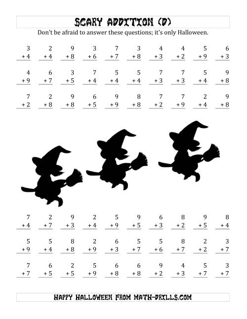 The Scary Addition with Single-Digit Numbers (D) Math Worksheet
