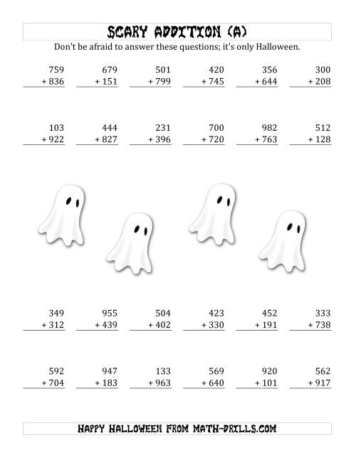 The Scary Addition with Triple-Digit Numbers (A) Math Worksheet