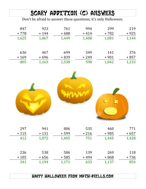 The Scary Addition with Triple-Digit Numbers (C) Math Worksheet Page 2