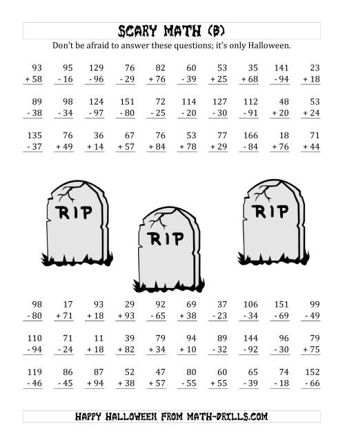 The Scary Addition and Subtraction with Double-Digit Numbers (B) Math Worksheet