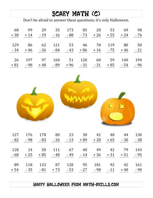 The Scary Addition and Subtraction with Double-Digit Numbers (C) Math Worksheet