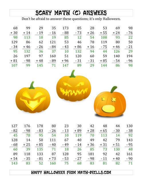 The Scary Addition and Subtraction with Double-Digit Numbers (C) Math Worksheet Page 2