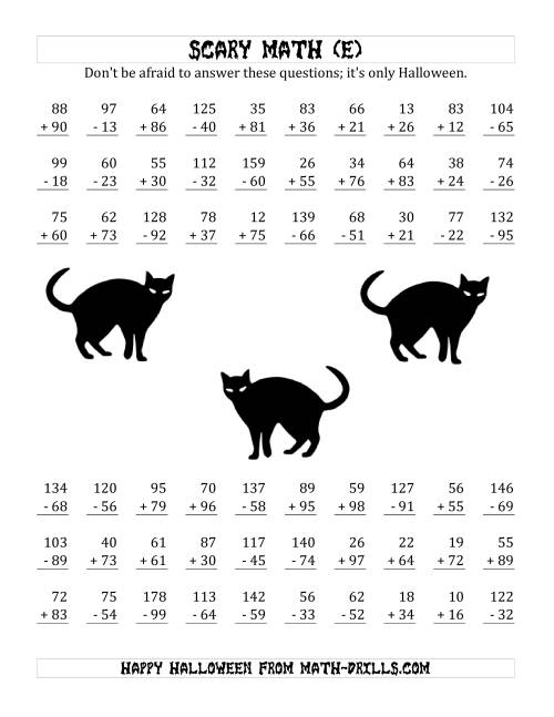 The Scary Addition and Subtraction with Double-Digit Numbers (E) Math Worksheet