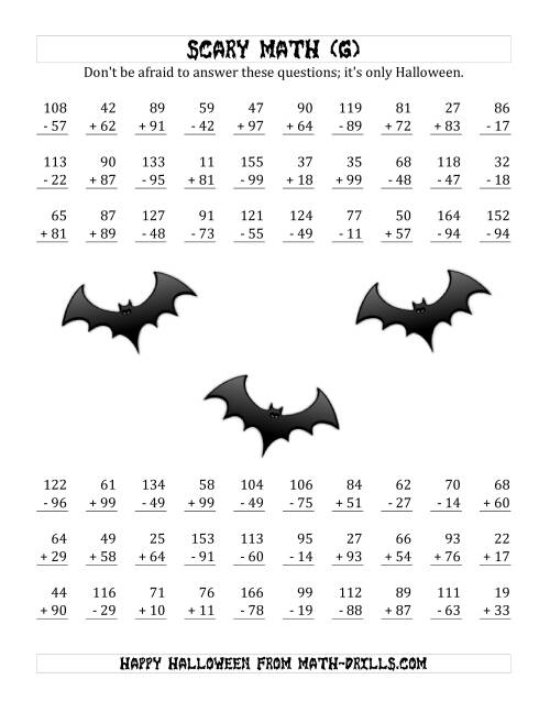 The Scary Addition and Subtraction with Double-Digit Numbers (G) Math Worksheet