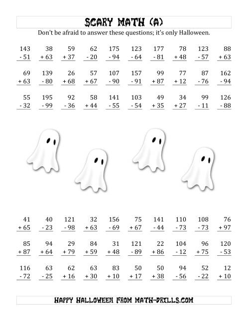 The Scary Addition and Subtraction with Double-Digit Numbers (All) Math Worksheet