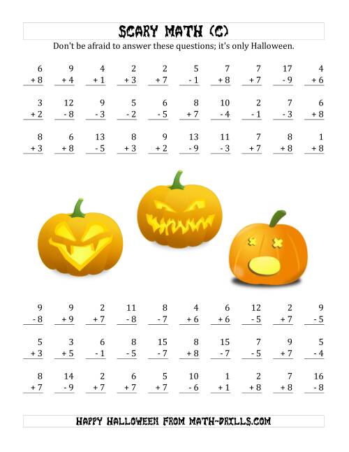 The Scary Addition and Subtraction with Single-Digit Numbers (C) Math Worksheet