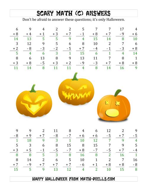The Scary Addition and Subtraction with Single-Digit Numbers (C) Math Worksheet Page 2