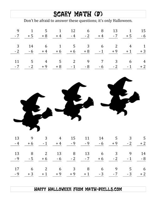 The Scary Addition and Subtraction with Single-Digit Numbers (D) Math Worksheet
