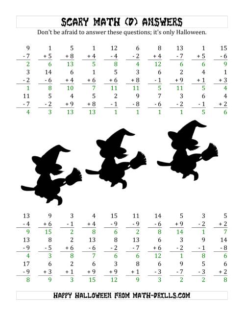 The Scary Addition and Subtraction with Single-Digit Numbers (D) Math Worksheet Page 2