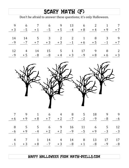 The Scary Addition and Subtraction with Single-Digit Numbers (F) Math Worksheet