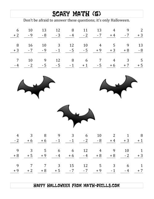 The Scary Addition and Subtraction with Single-Digit Numbers (G) Math Worksheet