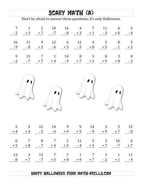 The Scary Addition and Subtraction with Single-Digit Numbers (All) Math Worksheet