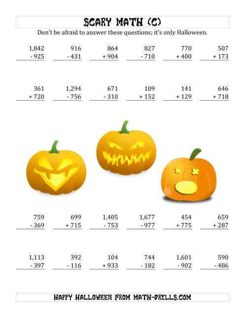 The Scary Addition and Subtraction with Triple-Digit Numbers (C) Math Worksheet