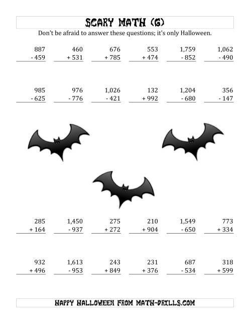 The Scary Addition and Subtraction with Triple-Digit Numbers (G) Math Worksheet