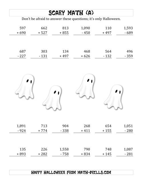 The Scary Addition and Subtraction with Triple-Digit Numbers (All) Math Worksheet