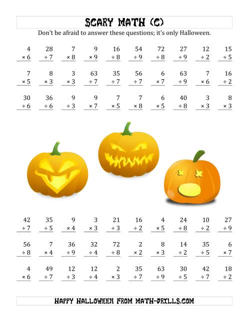 The Scary Multiplication and Division (1-Digit) (C) Math Worksheet