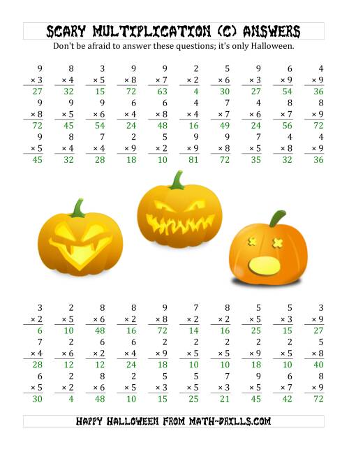 The Scary Multiplication (1-Digit by 1-Digit) (C) Math Worksheet Page 2