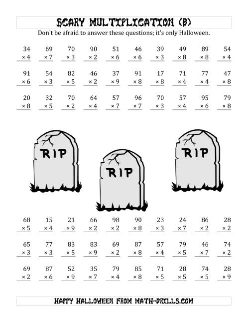 The Scary Multiplication (2-Digit by 1-Digit) (B) Math Worksheet