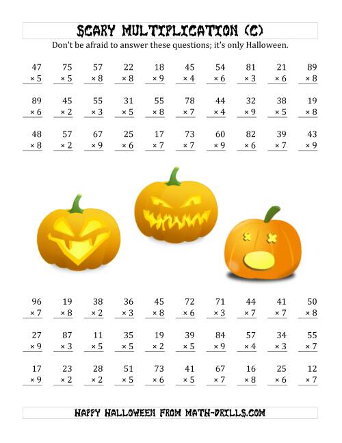 The Scary Multiplication (2-Digit by 1-Digit) (C) Math Worksheet