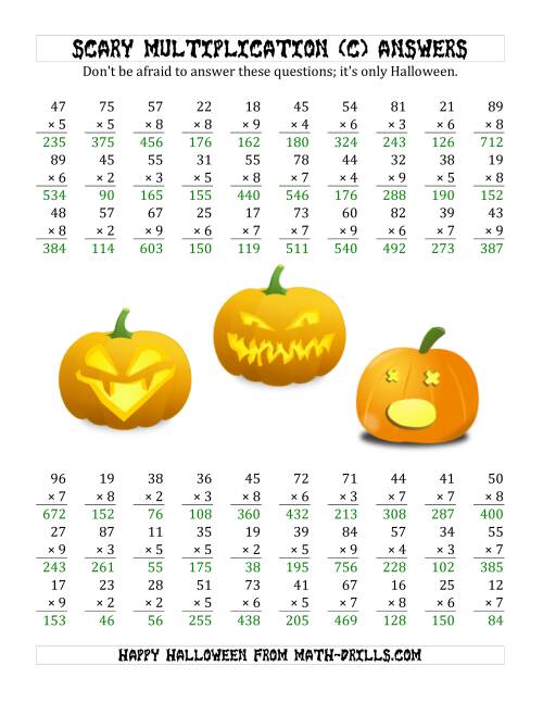 The Scary Multiplication (2-Digit by 1-Digit) (C) Math Worksheet Page 2