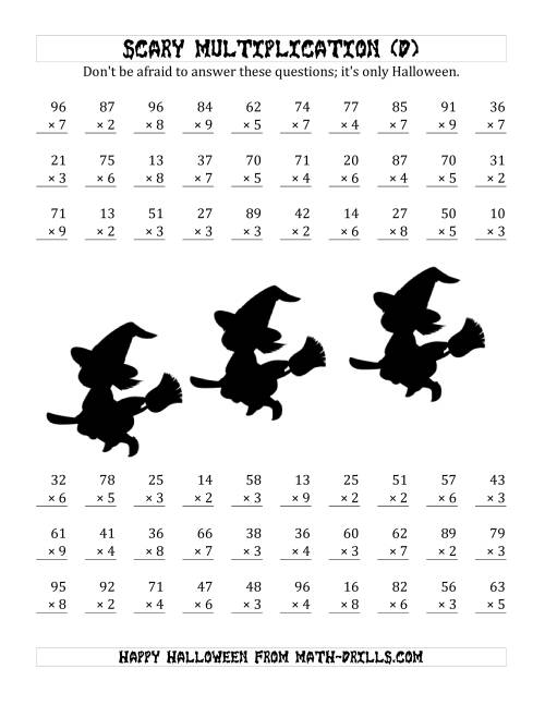The Scary Multiplication (2-Digit by 1-Digit) (D) Math Worksheet