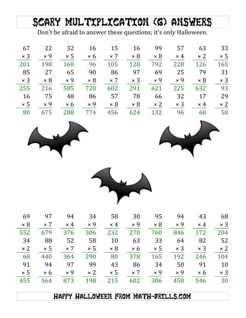 The Scary Multiplication (2-Digit by 1-Digit) (G) Math Worksheet Page 2