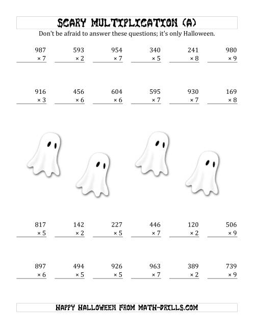 The Scary Multiplication (3-Digit by 1-Digit) (A) Math Worksheet