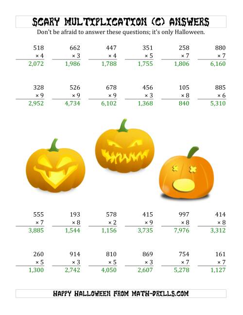 The Scary Multiplication (3-Digit by 1-Digit) (C) Math Worksheet Page 2