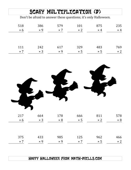 The Scary Multiplication (3-Digit by 1-Digit) (D) Math Worksheet