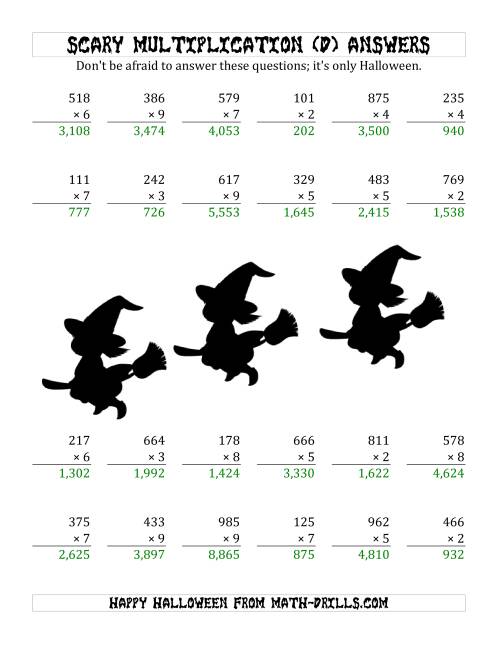 The Scary Multiplication (3-Digit by 1-Digit) (D) Math Worksheet Page 2