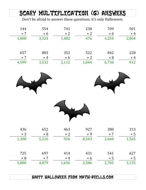 The Scary Multiplication (3-Digit by 1-Digit) (G) Math Worksheet Page 2