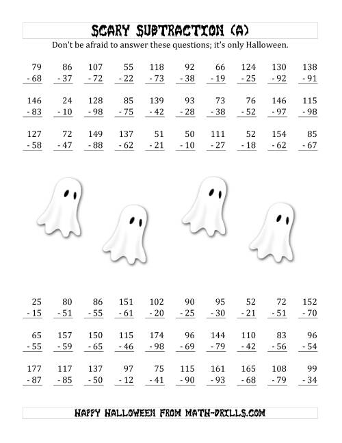 The Scary Subtraction with Double-Digit Subtrahends and Differences (A) Math Worksheet