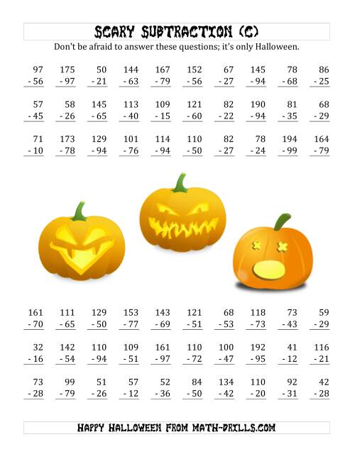 The Scary Subtraction with Double-Digit Subtrahends and Differences (C) Math Worksheet