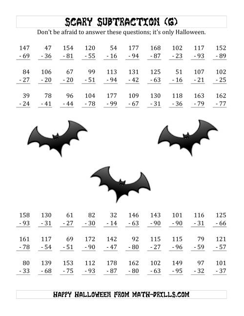 The Scary Subtraction with Double-Digit Subtrahends and Differences (G) Math Worksheet