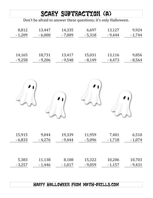 The Scary Subtraction with Quadruple-Digit Subtrahends and Differences (All) Math Worksheet