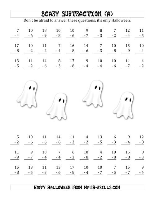 The Scary Subtraction with Single-Digit Subtrahends and Differences (A) Math Worksheet