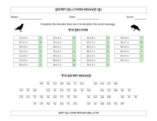 The Secret Halloween Ravens Message Two-Digit by One-Digit Multiplication Math Worksheet