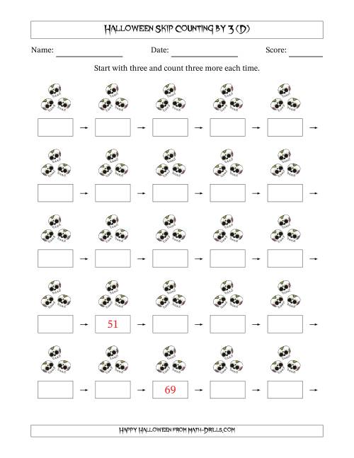 The Halloween Skip Counting by 3 (D) Math Worksheet