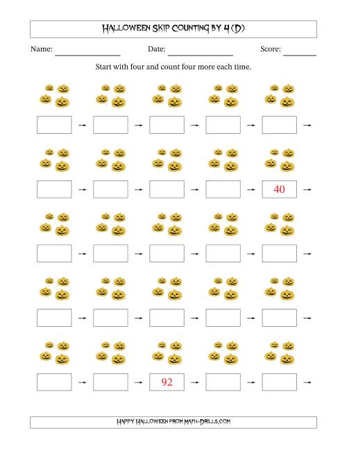 The Halloween Skip Counting by 4 (D) Math Worksheet