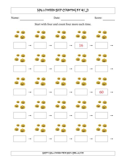 The Halloween Skip Counting by 4 (J) Math Worksheet