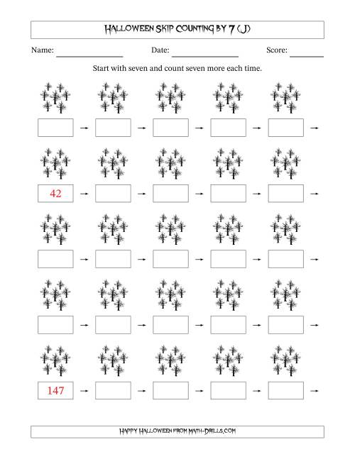 The Halloween Skip Counting by 7 (J) Math Worksheet
