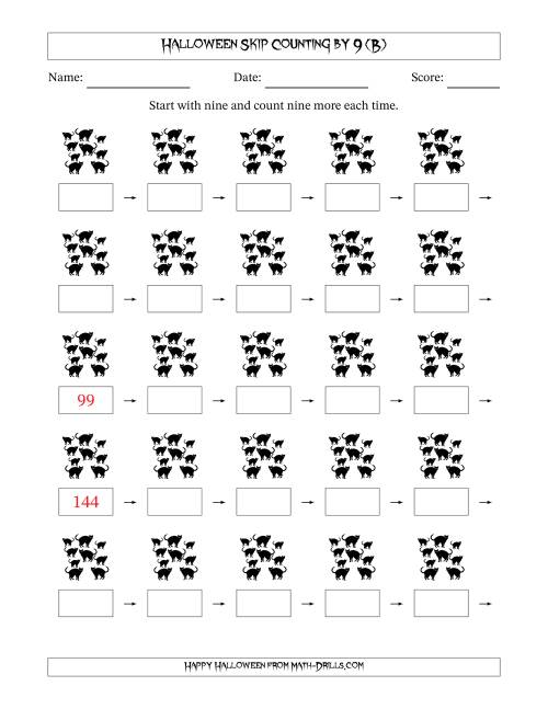 The Halloween Skip Counting by 9 (B) Math Worksheet