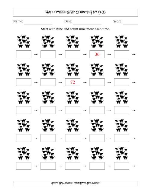 The Halloween Skip Counting by 9 (I) Math Worksheet