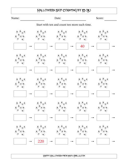 The Halloween Skip Counting by 10 (B) Math Worksheet
