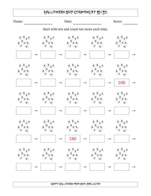 The Halloween Skip Counting by 10 (D) Math Worksheet