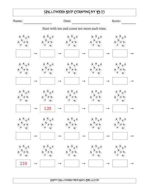 The Halloween Skip Counting by 10 (I) Math Worksheet
