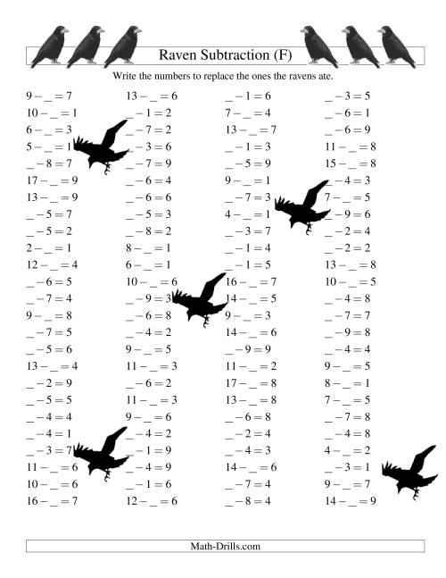The Raven Subtraction with Missing Terms (F) Math Worksheet