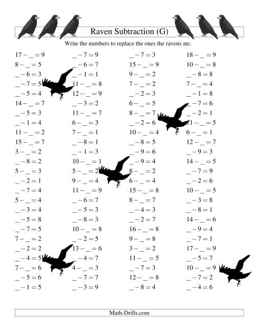 The Raven Subtraction with Missing Terms (G) Math Worksheet