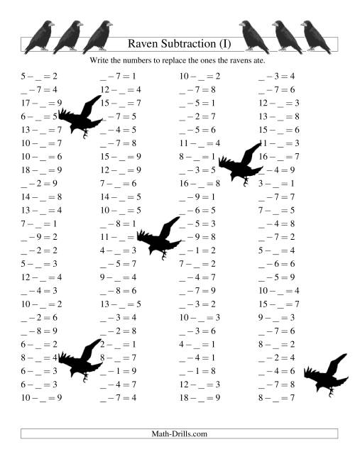 The Raven Subtraction with Missing Terms (I) Math Worksheet