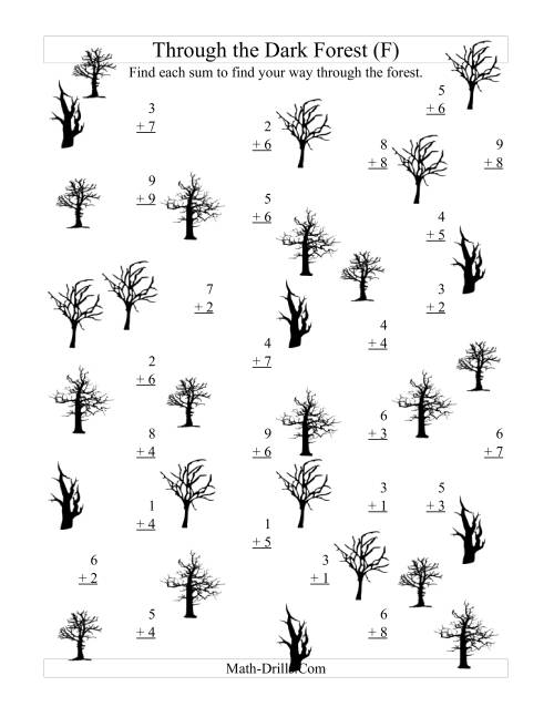 The Adding through the Dark Forest (One-Digit Addition) (F) Math Worksheet